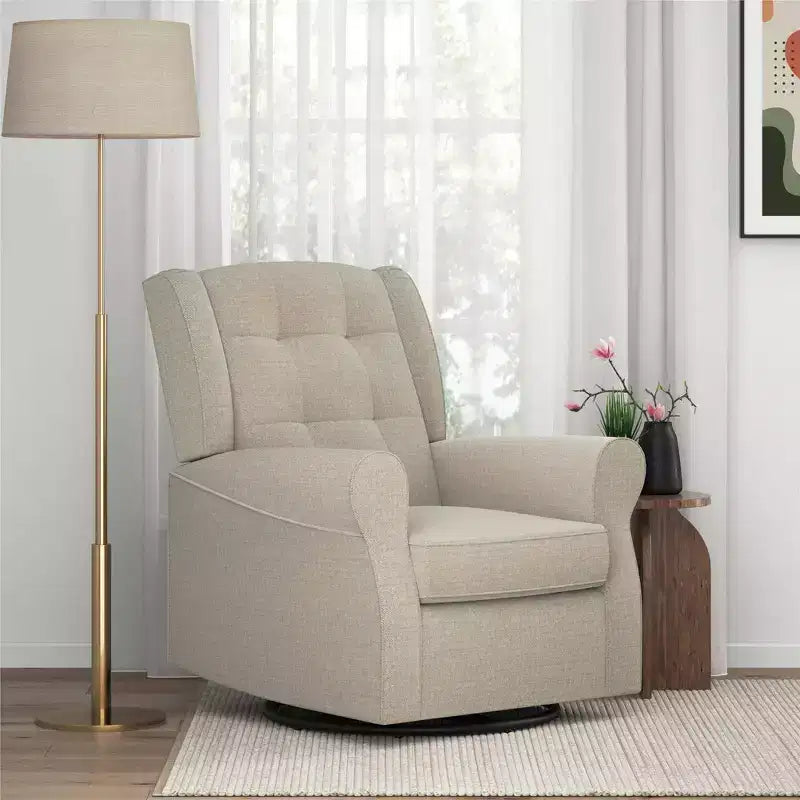 Nursery Tufted Wingback Gliding Chair – Linen Upholstery, 360° Swivel, 250 lb Capacity