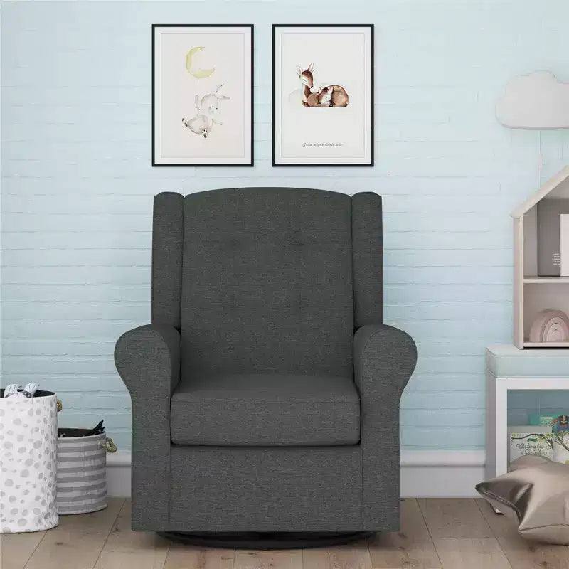 Nursery Tufted Wingback Gliding Chair – Linen Upholstery, 360° Swivel, 250 lb Capacity