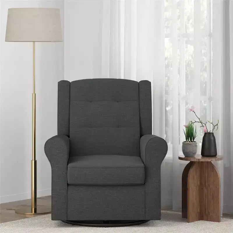 Nursery Tufted Wingback Gliding Chair – Linen Upholstery, 360° Swivel, 250 lb Capacity