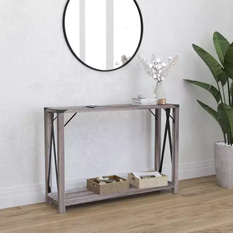 Modern Farmhouse Sofa Table – Engineered Wood, Powder-Coated Steel Accents, 75 lb Capacity