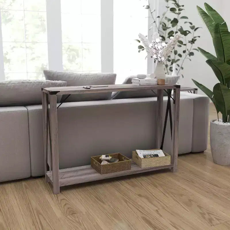 Modern Farmhouse Sofa Table – Engineered Wood, Powder-Coated Steel Accents, 75 lb Capacity