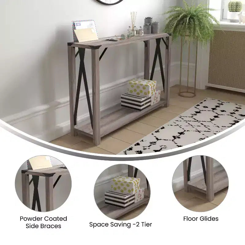 Modern Farmhouse Sofa Table – Engineered Wood, Powder-Coated Steel Accents, 75 lb Capacity