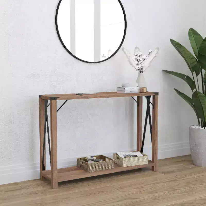 Modern Farmhouse Sofa Table – Engineered Wood, Powder-Coated Steel Accents, 75 lb Capacity