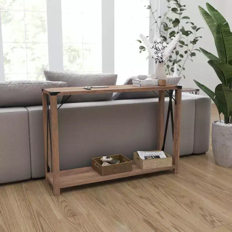 Modern Farmhouse Sofa Table – Engineered Wood, Powder-Coated Steel Accents, 75 lb Capacity