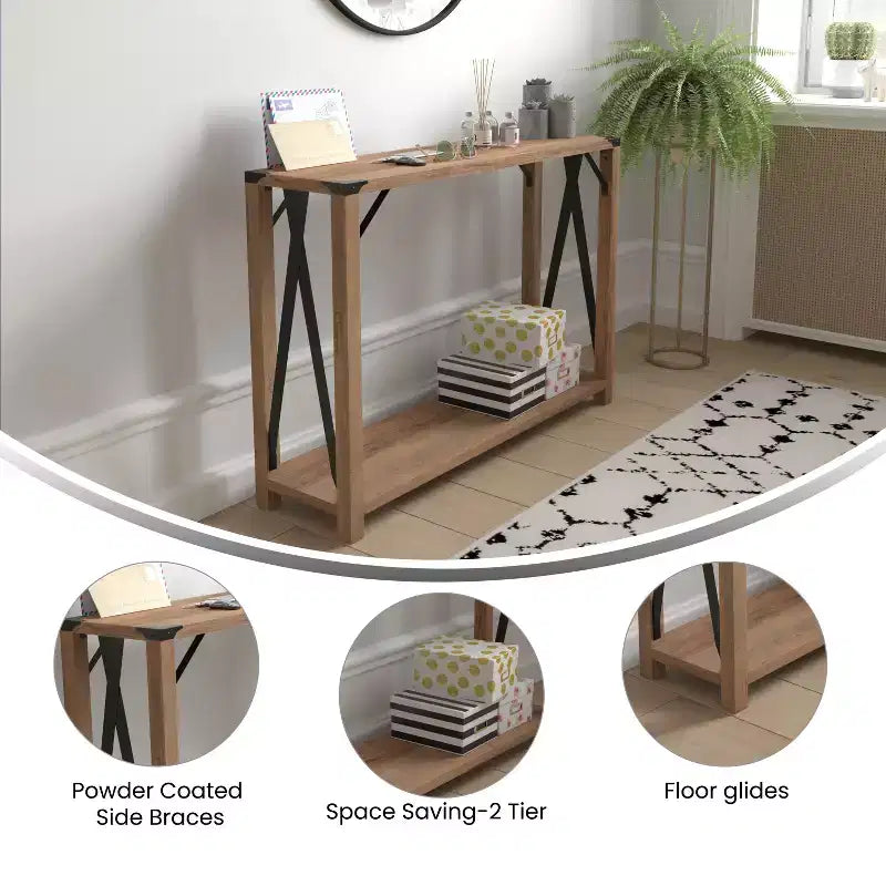 Modern Farmhouse Sofa Table – Engineered Wood, Powder-Coated Steel Accents, 75 lb Capacity