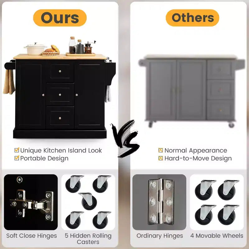 Rolling Kitchen Island Cart with Drawers, Cabinets & Spice Rack – Rubber Wood Top, Black/White