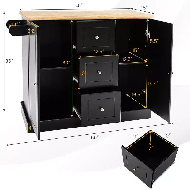 Rolling Kitchen Island Cart with Drawers, Cabinets & Spice Rack – Rubber Wood Top, Black/White