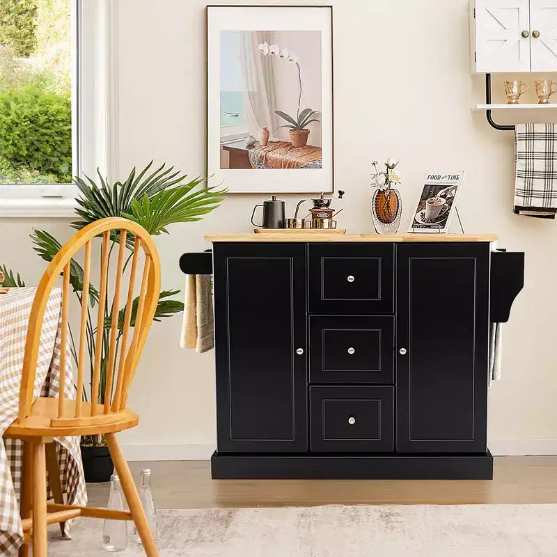 Rolling Kitchen Island Cart with Drawers, Cabinets & Spice Rack – Rubber Wood Top, Black/White