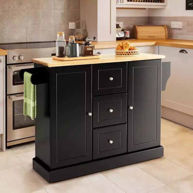 Rolling Kitchen Island Cart with Drawers, Cabinets & Spice Rack – Rubber Wood Top, Black/White