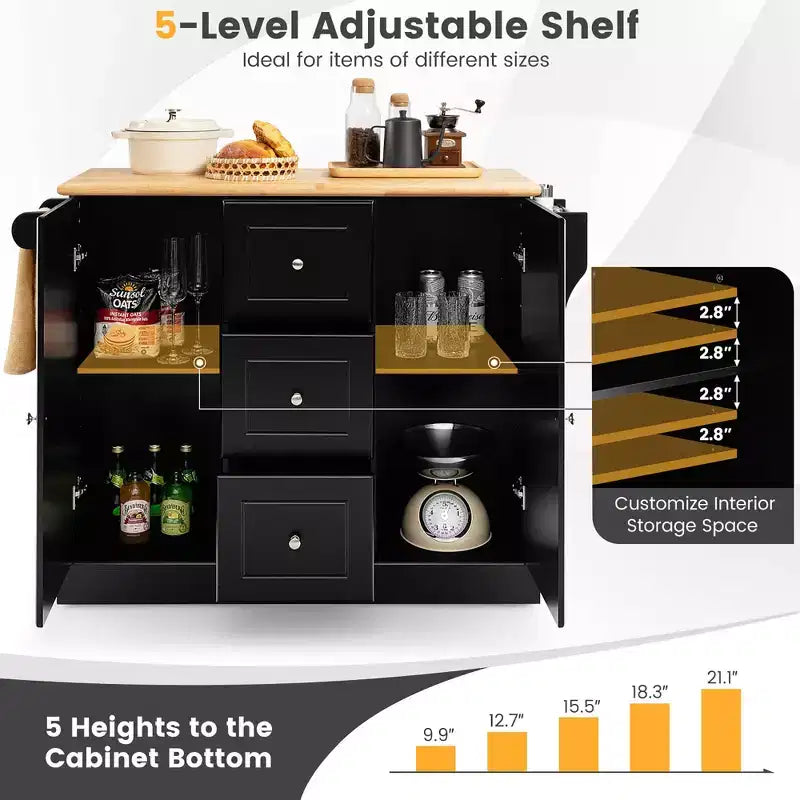 Rolling Kitchen Island Cart with Drawers, Cabinets & Spice Rack – Rubber Wood Top, Black/White