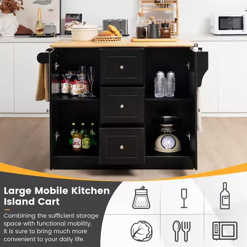 Rolling Kitchen Island Cart with Drawers, Cabinets & Spice Rack – Rubber Wood Top, Black/White