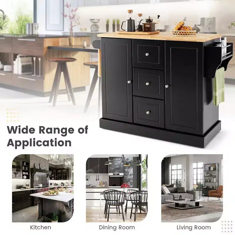Rolling Kitchen Island Cart with Drawers, Cabinets & Spice Rack – Rubber Wood Top, Black/White