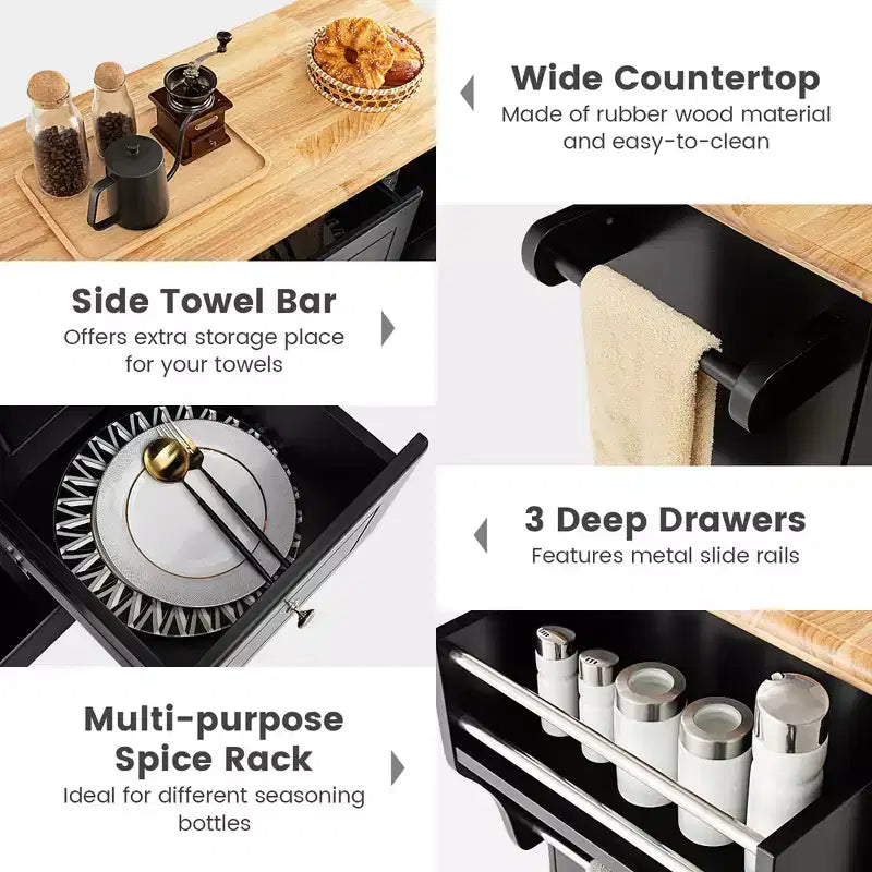 Rolling Kitchen Island Cart with Drawers, Cabinets & Spice Rack – Rubber Wood Top, Black/White