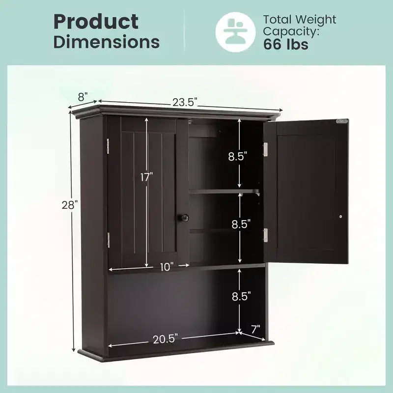 Wall Mount Bathroom Cabinet with 2 Doors & Adjustable Shelf – MDF, Scratch-Resistant