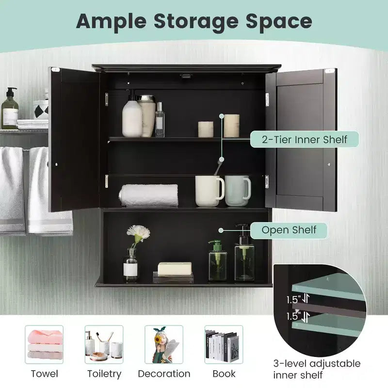 Wall Mount Bathroom Cabinet with 2 Doors & Adjustable Shelf – MDF, Scratch-Resistant