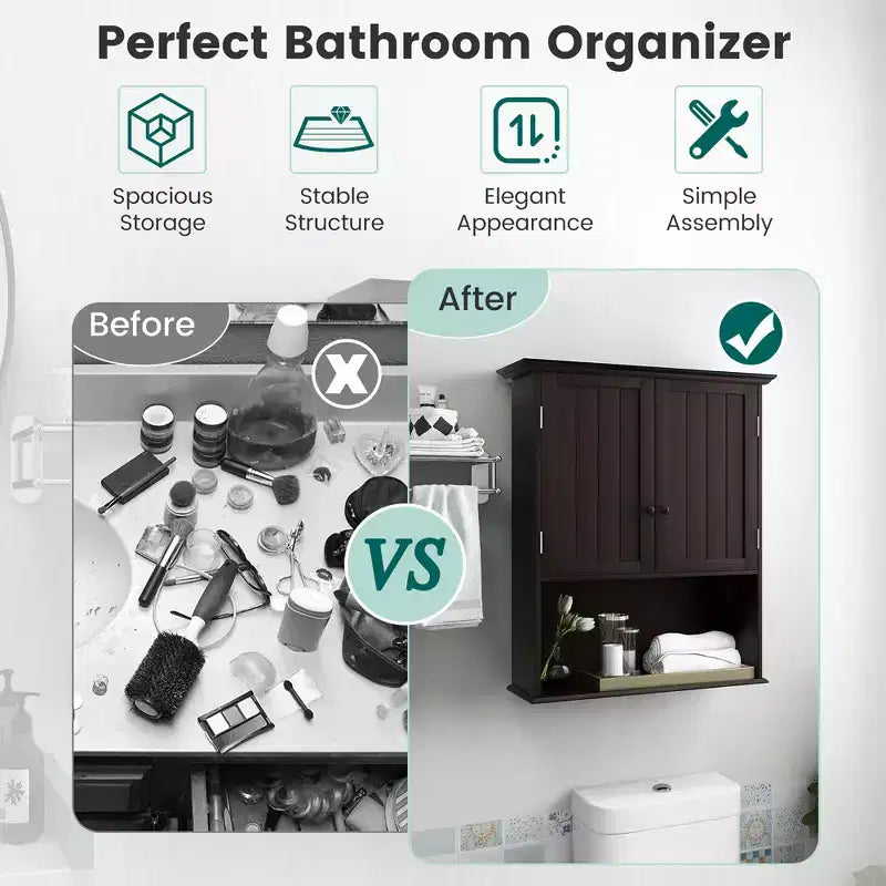 Wall Mount Bathroom Cabinet with 2 Doors & Adjustable Shelf – MDF, Scratch-Resistant