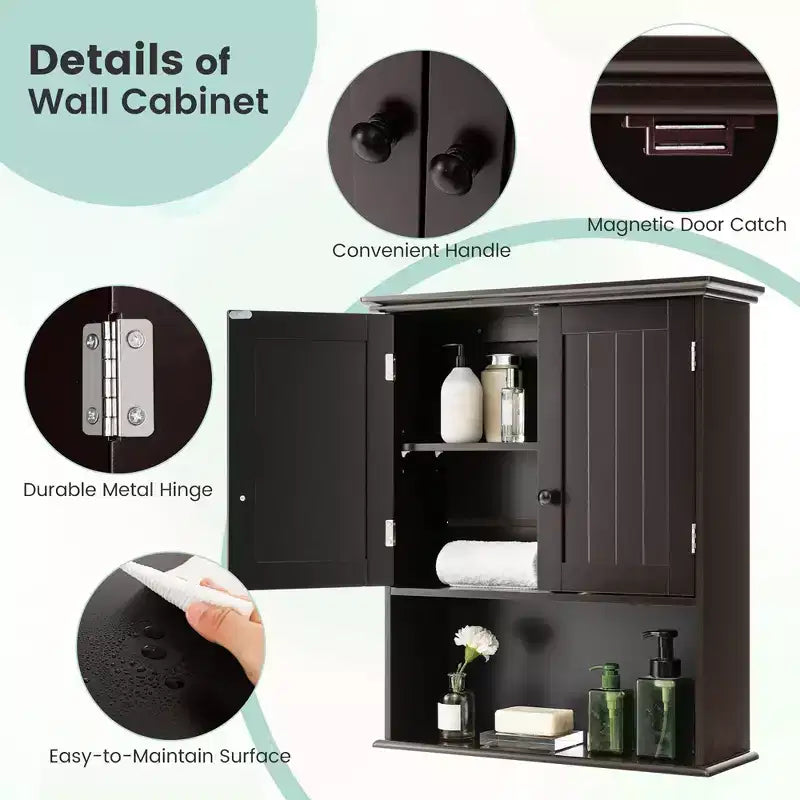 Wall Mount Bathroom Cabinet with 2 Doors & Adjustable Shelf – MDF, Scratch-Resistant