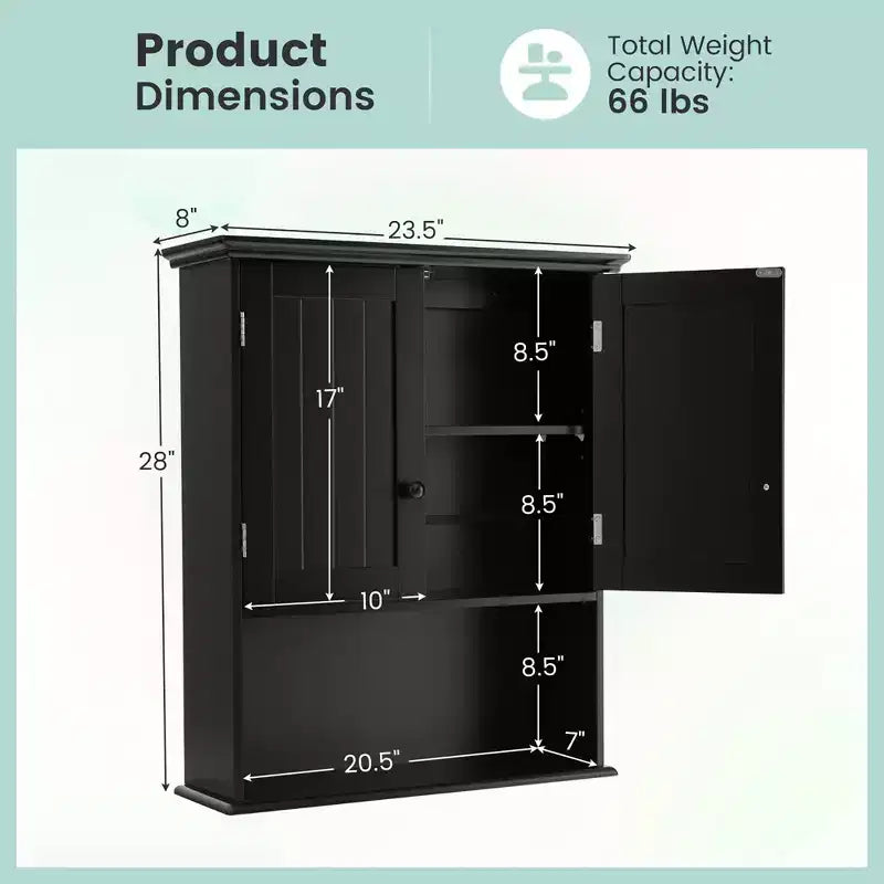 Wall Mount Bathroom Cabinet with 2 Doors & Adjustable Shelf – MDF, Scratch-Resistant