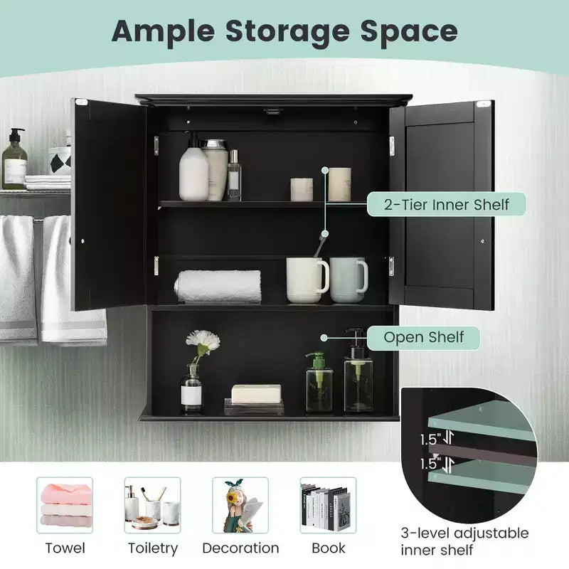 Wall Mount Bathroom Cabinet with 2 Doors & Adjustable Shelf – MDF, Scratch-Resistant