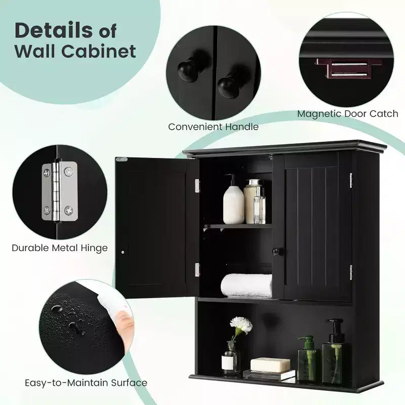Wall Mount Bathroom Cabinet with 2 Doors & Adjustable Shelf – MDF, Scratch-Resistant