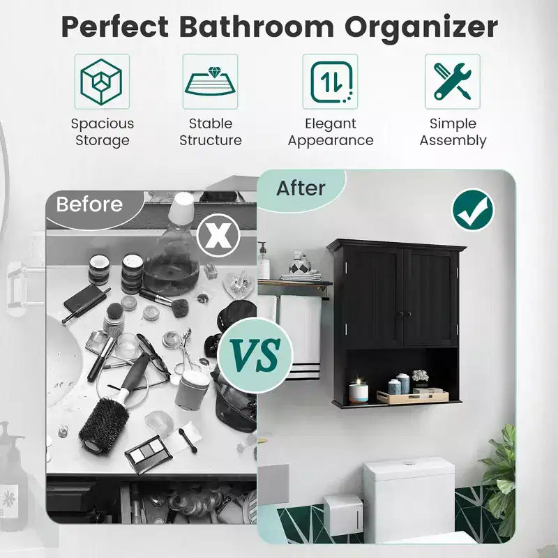 Wall Mount Bathroom Cabinet with 2 Doors & Adjustable Shelf – MDF, Scratch-Resistant
