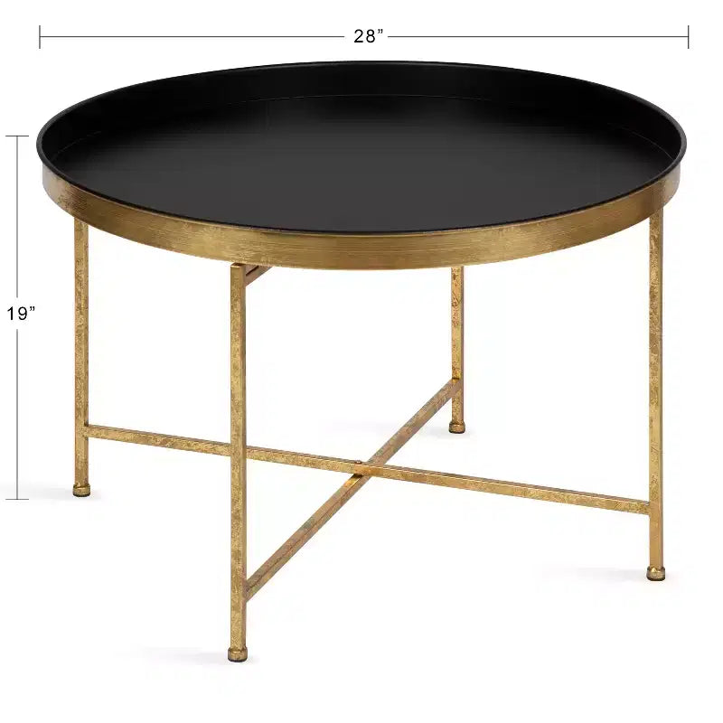 Round Metal Coffee Table Gold & Black – 28" Iron, Magnetic Tabletop, Foldable Frame