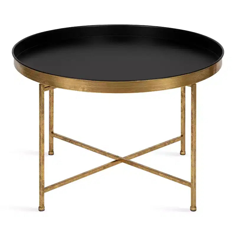 Round Metal Coffee Table Gold & Black – 28" Iron, Magnetic Tabletop, Foldable Frame
