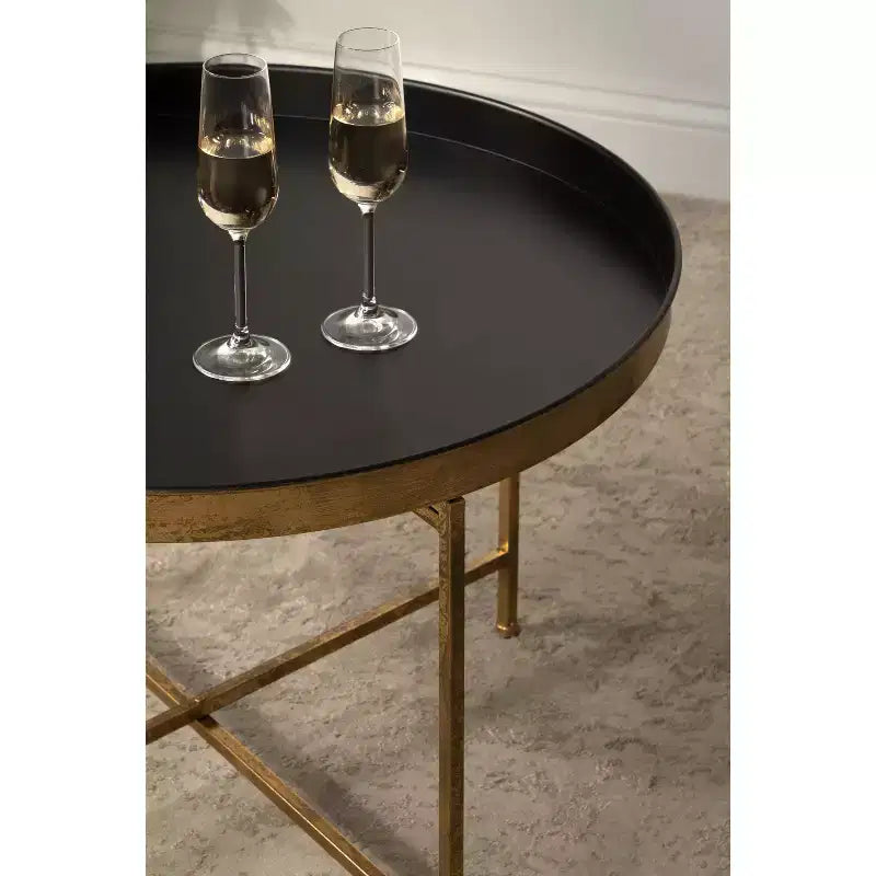 Round Metal Coffee Table Gold & Black – 28" Iron, Magnetic Tabletop, Foldable Frame
