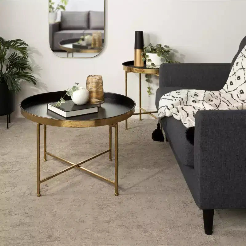 Round Metal Coffee Table Gold & Black – 28" Iron, Magnetic Tabletop, Foldable Frame