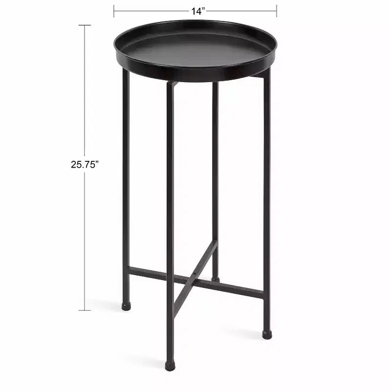 Round Metal Foldable Tray Accent Table – Black & Gold, 14" Tray, 25.75"H, Magnetic Top