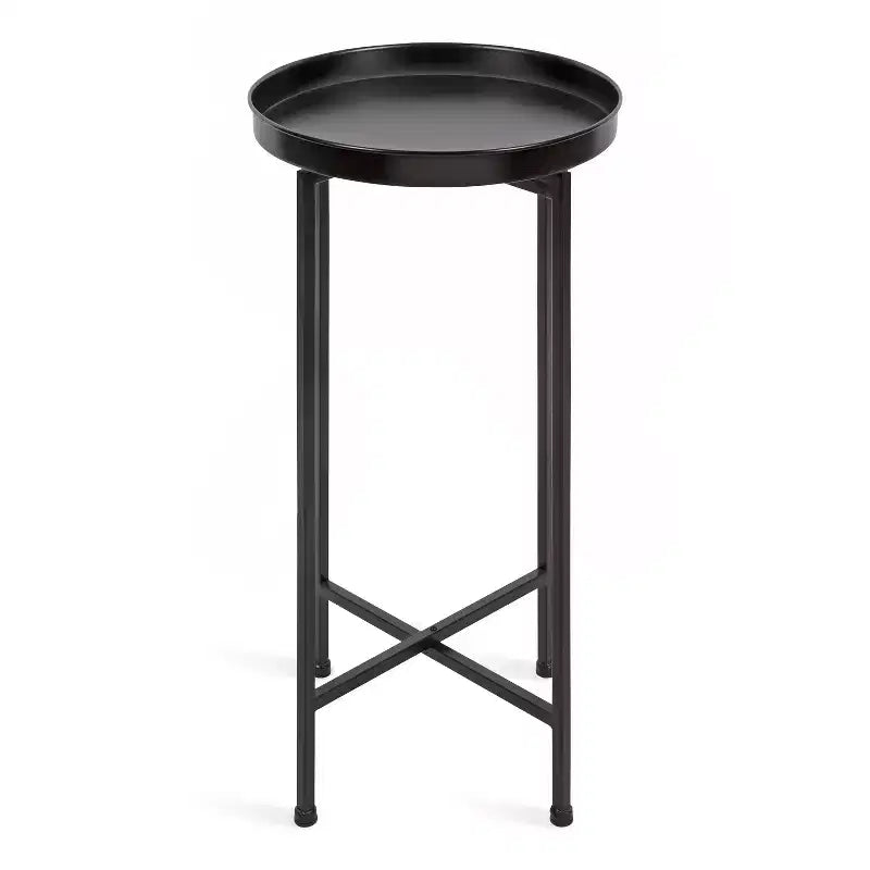 Round Metal Foldable Tray Accent Table – Black & Gold, 14" Tray, 25.75"H, Magnetic Top