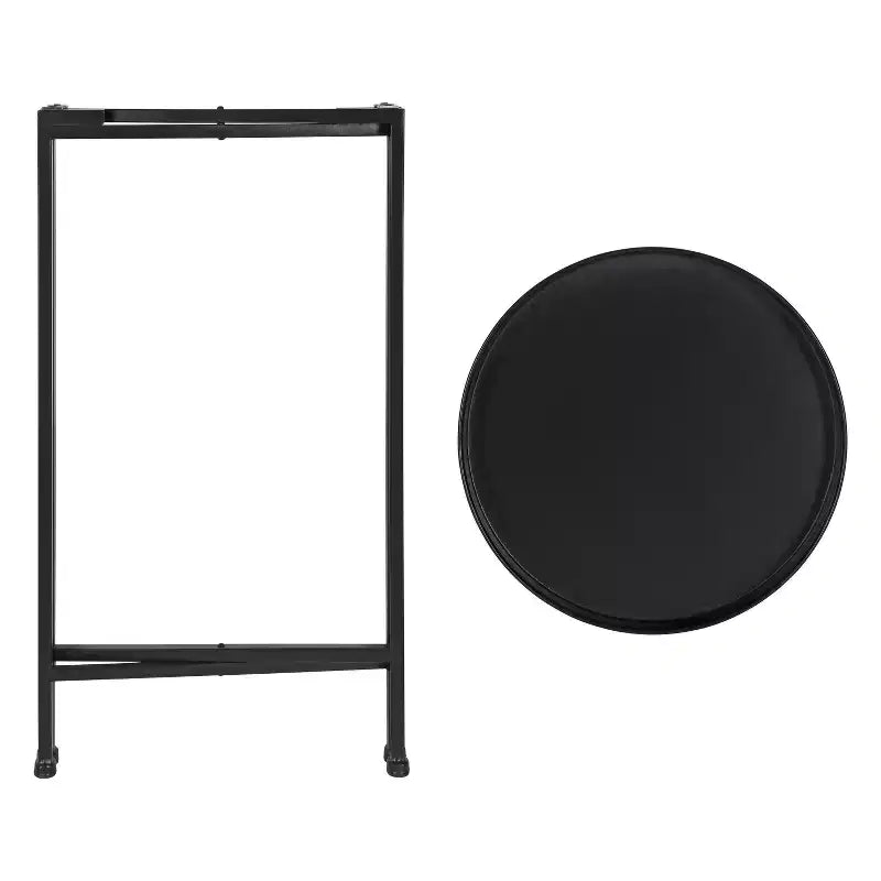 Round Metal Foldable Tray Accent Table – Black & Gold, 14" Tray, 25.75"H, Magnetic Top