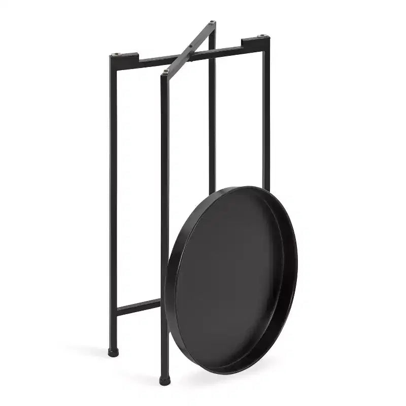 Round Metal Foldable Tray Accent Table – Black & Gold, 14" Tray, 25.75"H, Magnetic Top