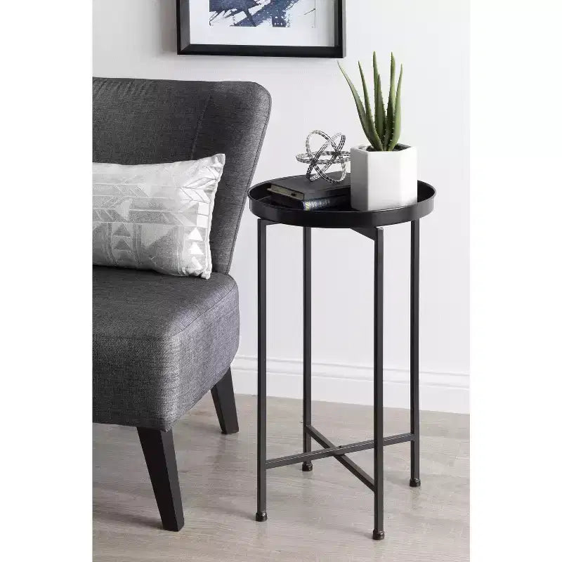 Round Metal Foldable Tray Accent Table – Black & Gold, 14" Tray, 25.75"H, Magnetic Top
