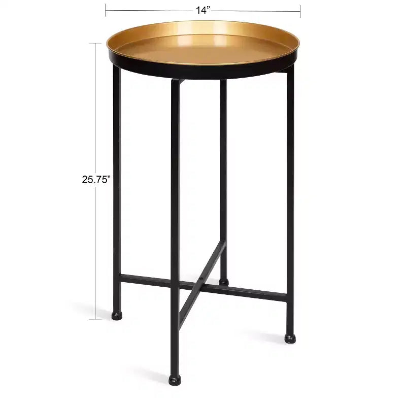 Round Metal Foldable Tray Accent Table – Black & Gold, 14" Tray, 25.75"H, Magnetic Top