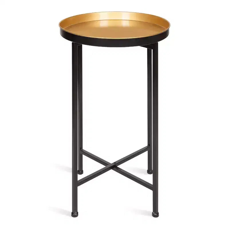 Round Metal Foldable Tray Accent Table – Black & Gold, 14" Tray, 25.75"H, Magnetic Top