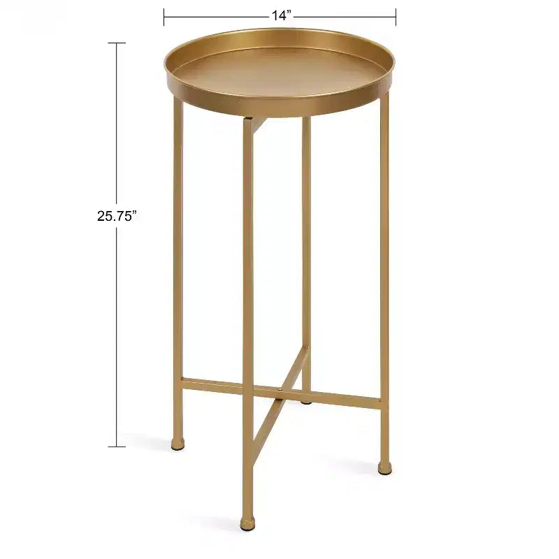 Round Metal Foldable Tray Accent Table – Black & Gold, 14" Tray, 25.75"H, Magnetic Top