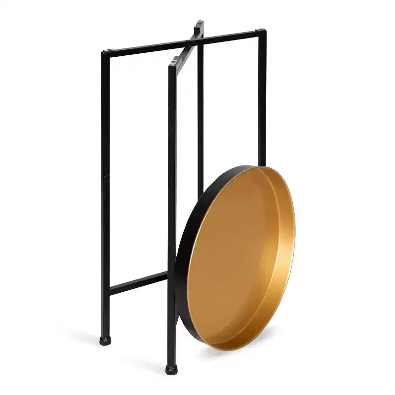 Round Metal Foldable Tray Accent Table – Black & Gold, 14" Tray, 25.75"H, Magnetic Top