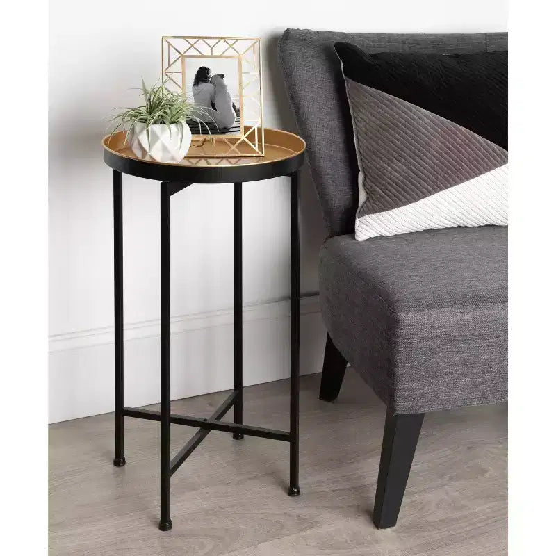 Round Metal Foldable Tray Accent Table – Black & Gold, 14" Tray, 25.75"H, Magnetic Top