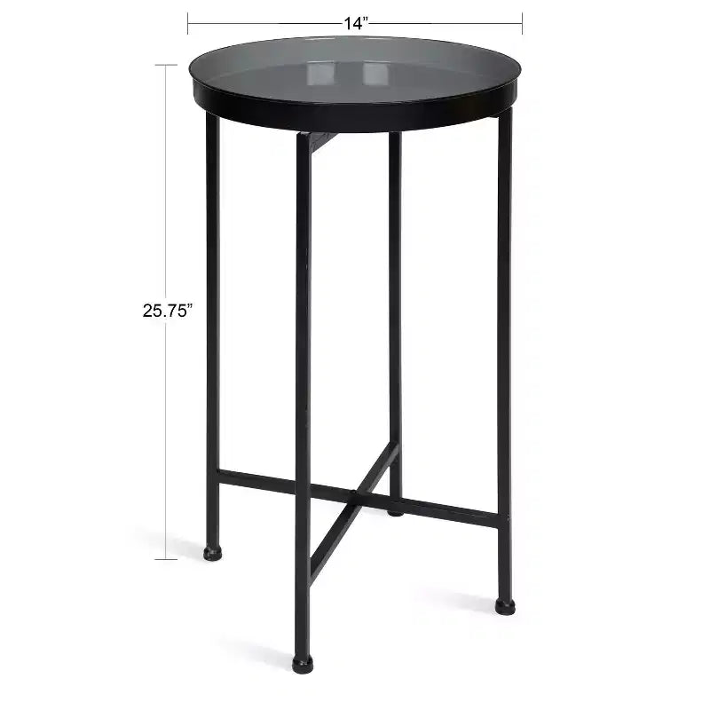 Round Metal Foldable Tray Accent Table – Black & Gold, 14" Tray, 25.75"H, Magnetic Top