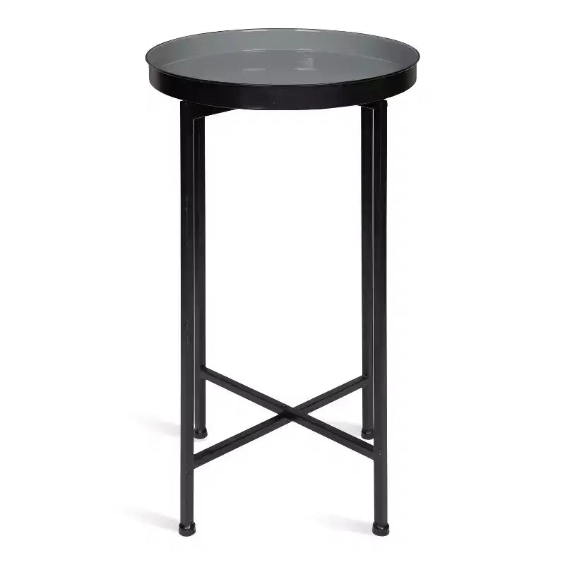 Round Metal Foldable Tray Accent Table – Black & Gold, 14" Tray, 25.75"H, Magnetic Top