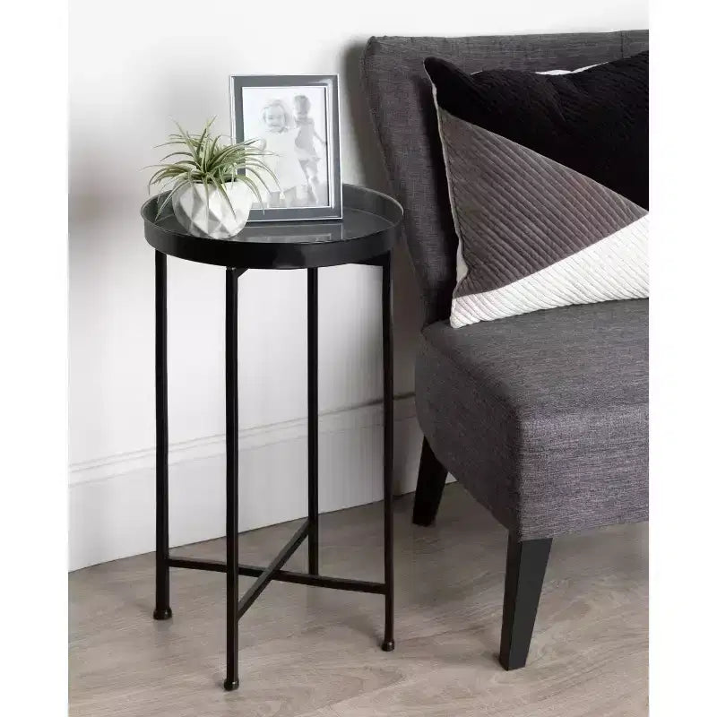 Round Metal Foldable Tray Accent Table – Black & Gold, 14" Tray, 25.75"H, Magnetic Top