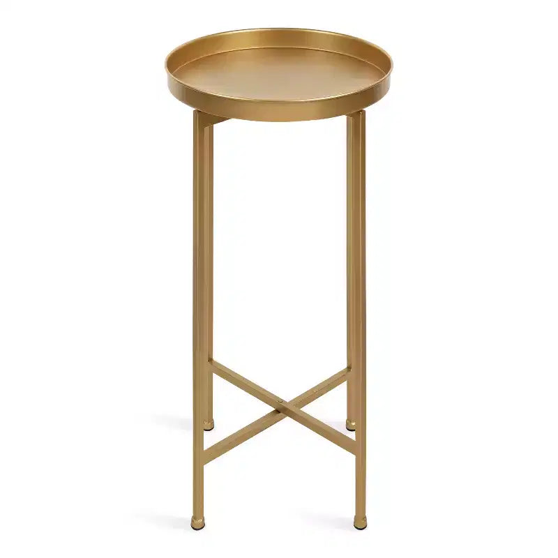 Round Metal Foldable Tray Accent Table – Black & Gold, 14" Tray, 25.75"H, Magnetic Top