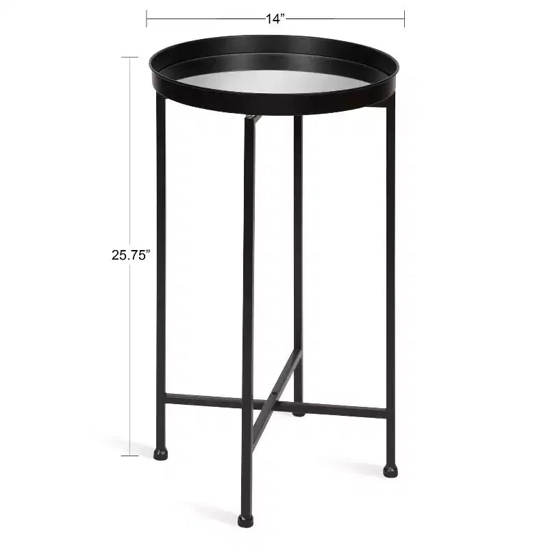 Round Metal Foldable Tray Accent Table – Black & Gold, 14" Tray, 25.75"H, Magnetic Top