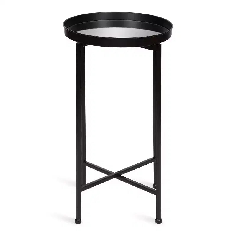 Round Metal Foldable Tray Accent Table – Black & Gold, 14" Tray, 25.75"H, Magnetic Top