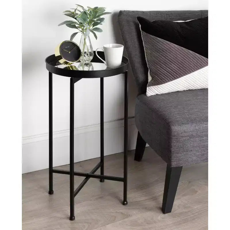 Round Metal Foldable Tray Accent Table – Black & Gold, 14" Tray, 25.75"H, Magnetic Top