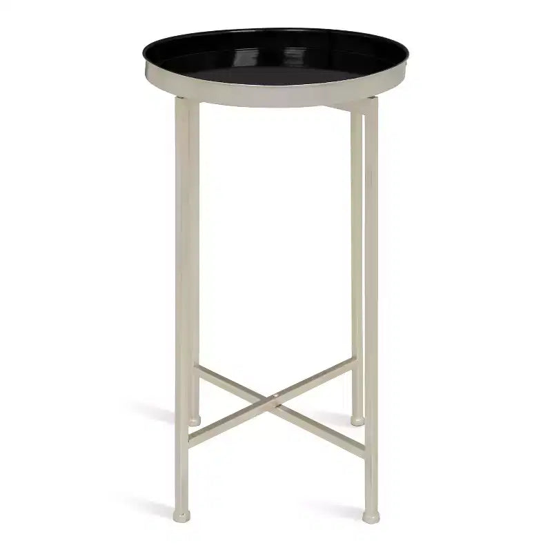 Round Metal Foldable Tray Accent Table – Black & Gold, 14" Tray, 25.75"H, Magnetic Top