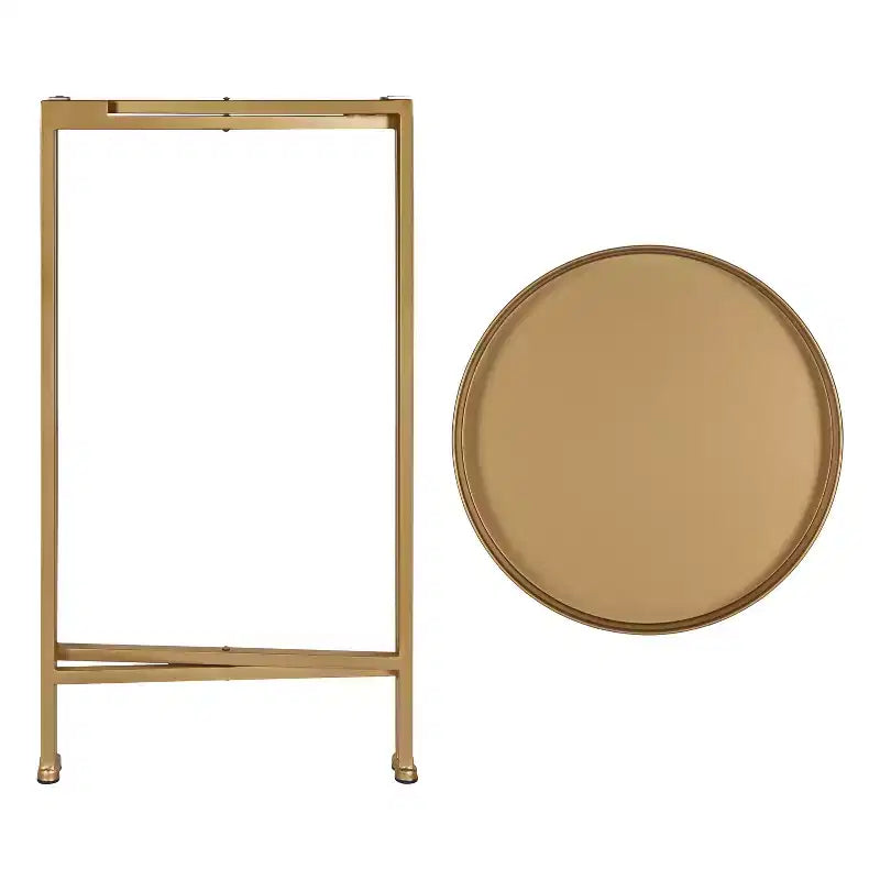 Round Metal Foldable Tray Accent Table – Black & Gold, 14" Tray, 25.75"H, Magnetic Top