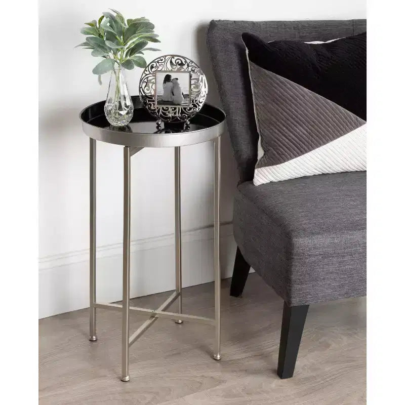 Round Metal Foldable Tray Accent Table – Black & Gold, 14" Tray, 25.75"H, Magnetic Top