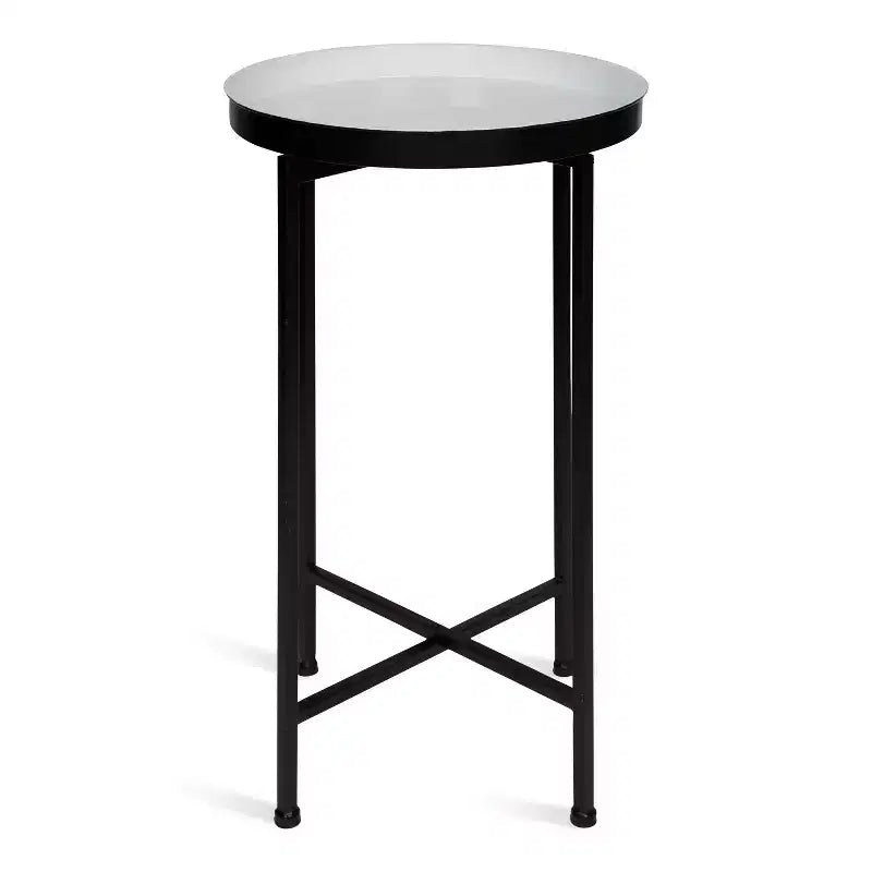 Round Metal Foldable Tray Accent Table – Black & Gold, 14" Tray, 25.75"H, Magnetic Top